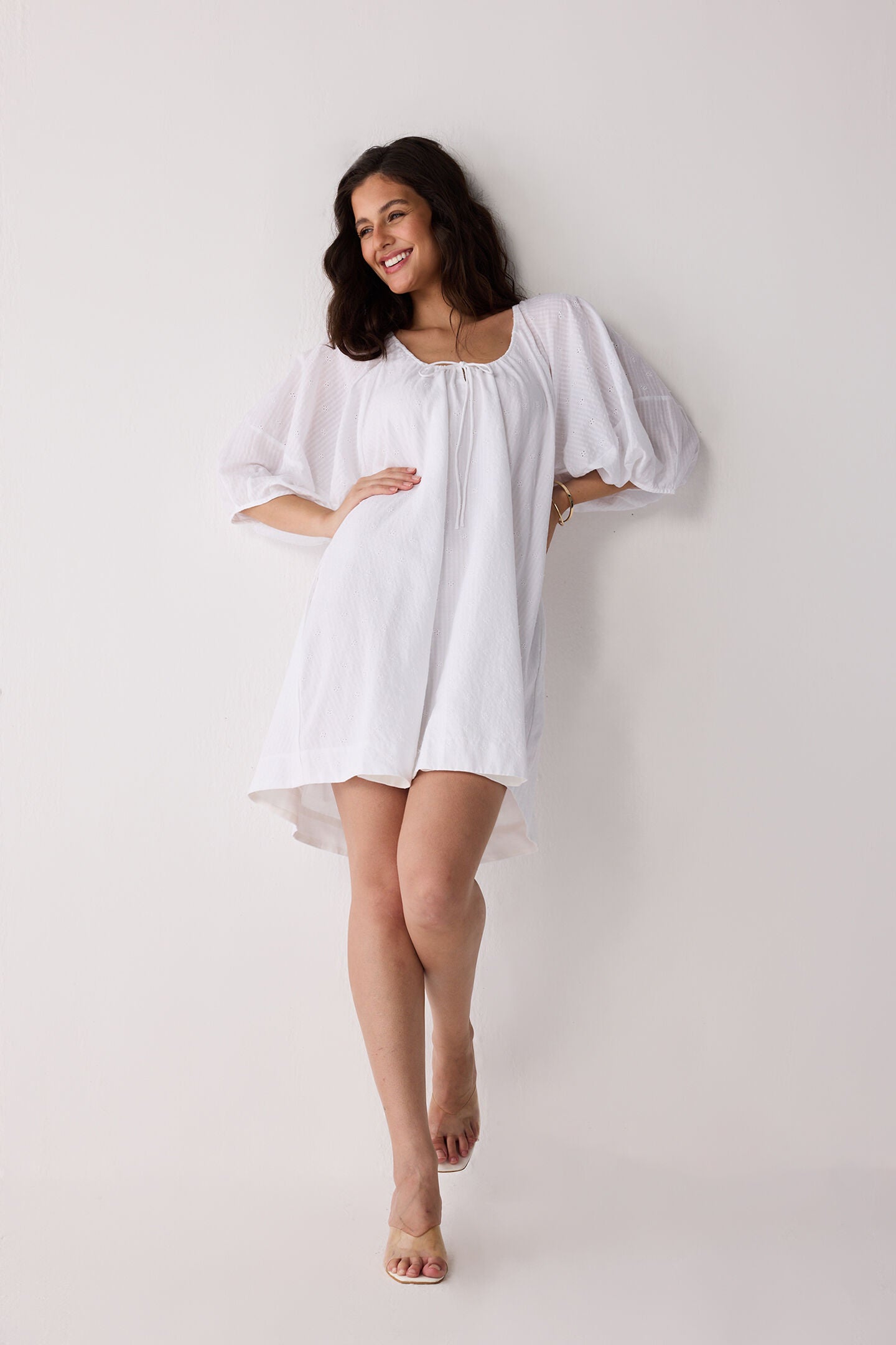 Puff Sleeved Dress with Drawstring Neckline, Textured Eyelet in White / White, alternate image number 3