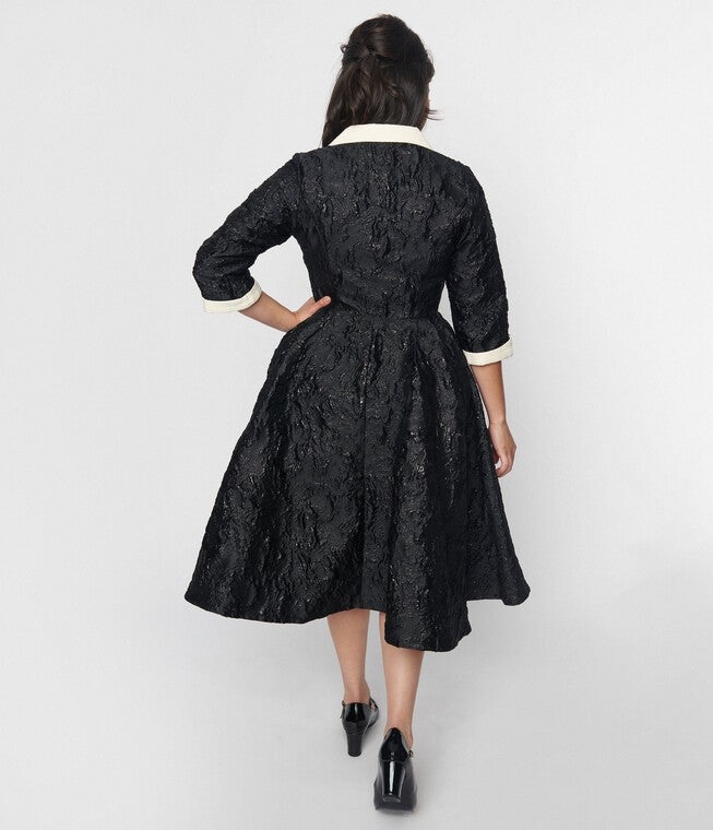 Unique Vintage Black Brocade Swing Dress, Black / Black, alternate image number null