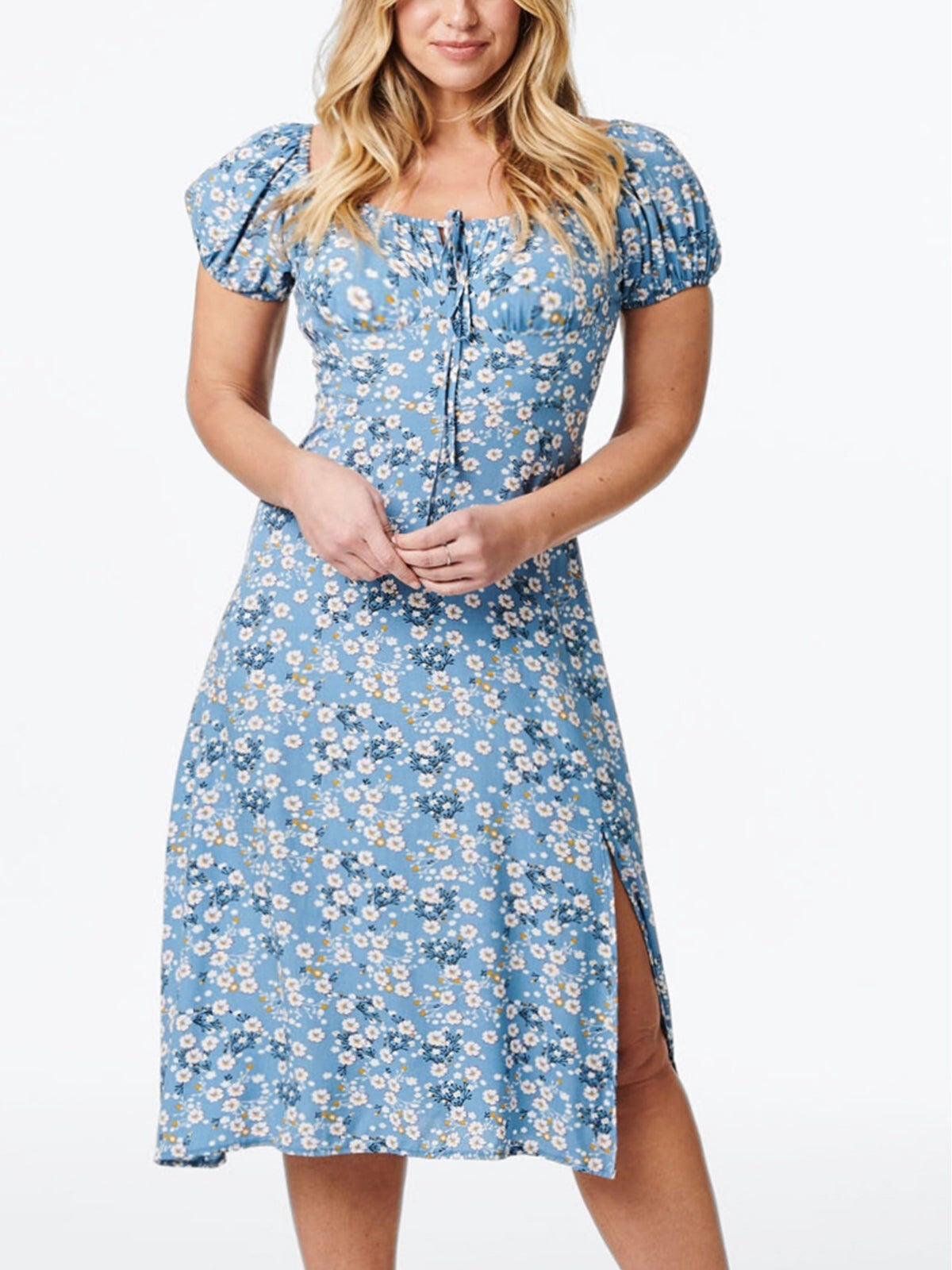 Alba Dress Peasant Style Ditsy Floral Print Blue, Blue / Azure Blue, hi-res image number 0