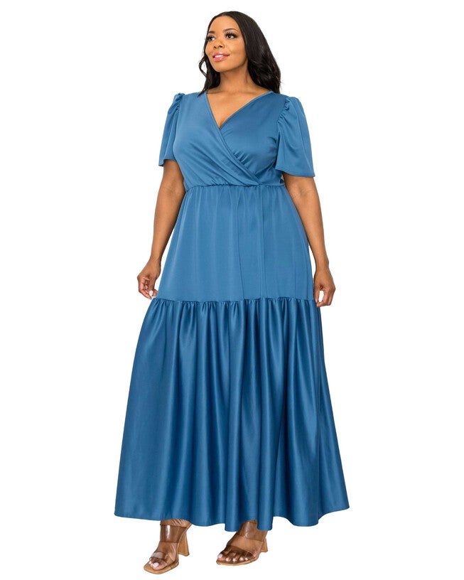 JOLI SURPLICE NECK DRESS, Indigo / Cornflower Blue, alternate image number 1