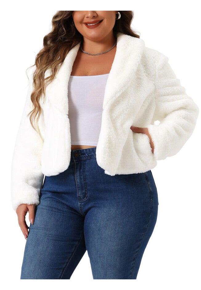 CROPPED LAPEL SHRUG FAUX FUR FLUFFY COAT JACKET, White / White, alternate image number 2