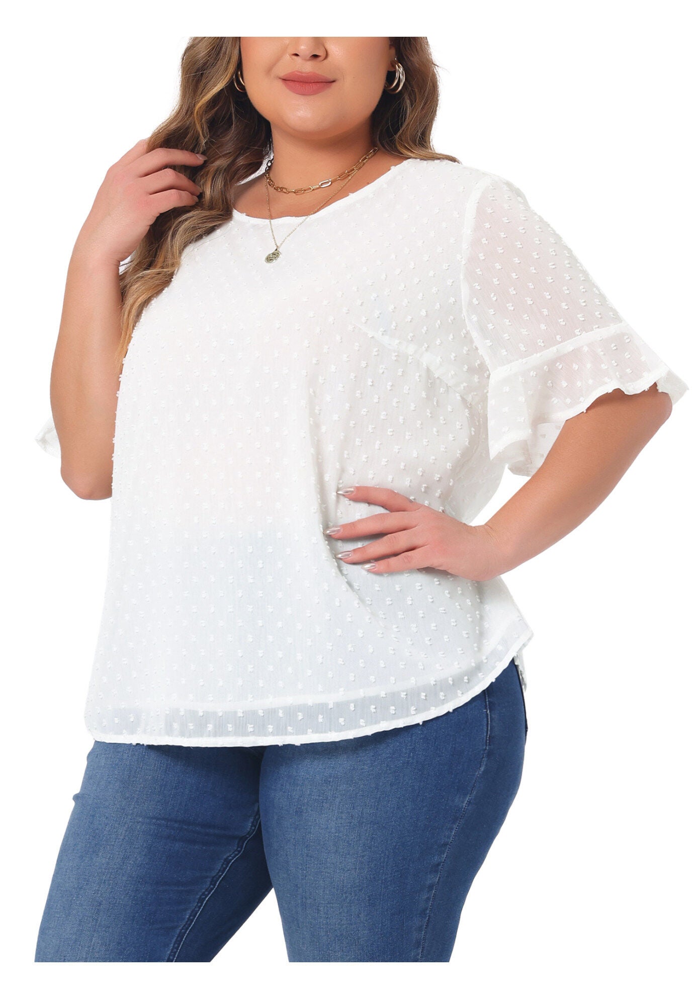 ROUND NECK RUFFLE SLEEVE SWISS DOTS TEE T-SHIRT TOP, White / White, alternate image number 3