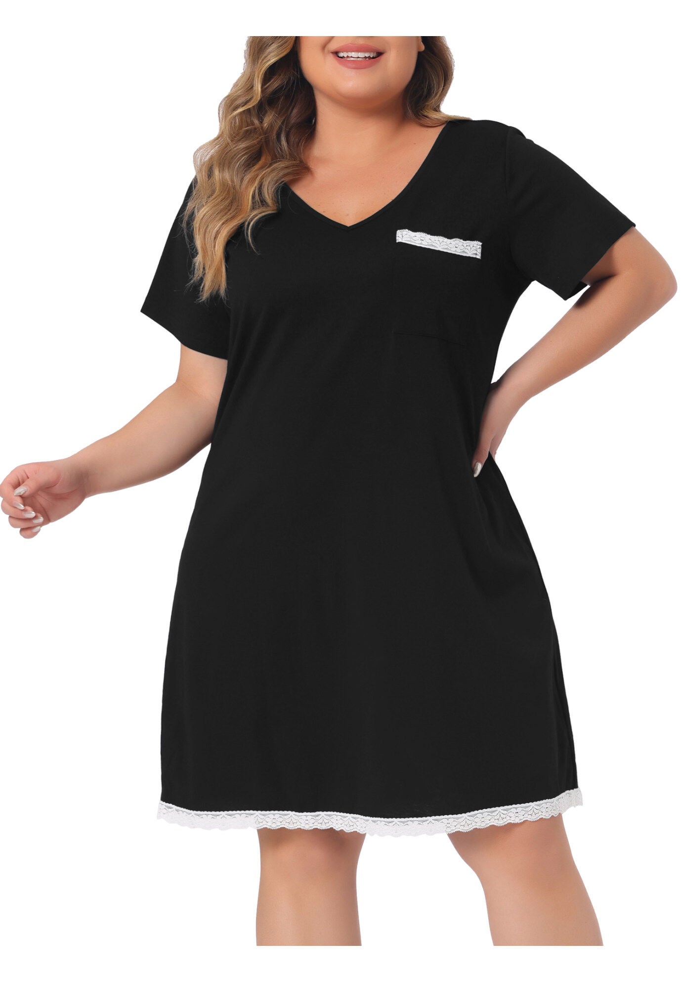 Short Sleeve Lace Trim Pajama Nightshirt, Black / Black, alternate image number 1