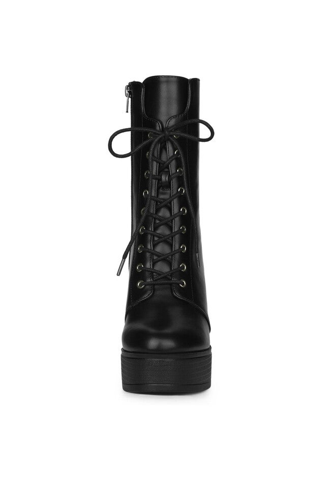 Platform Lace Up Chunky Heels Combat Boots, Black / Black, alternate image number null