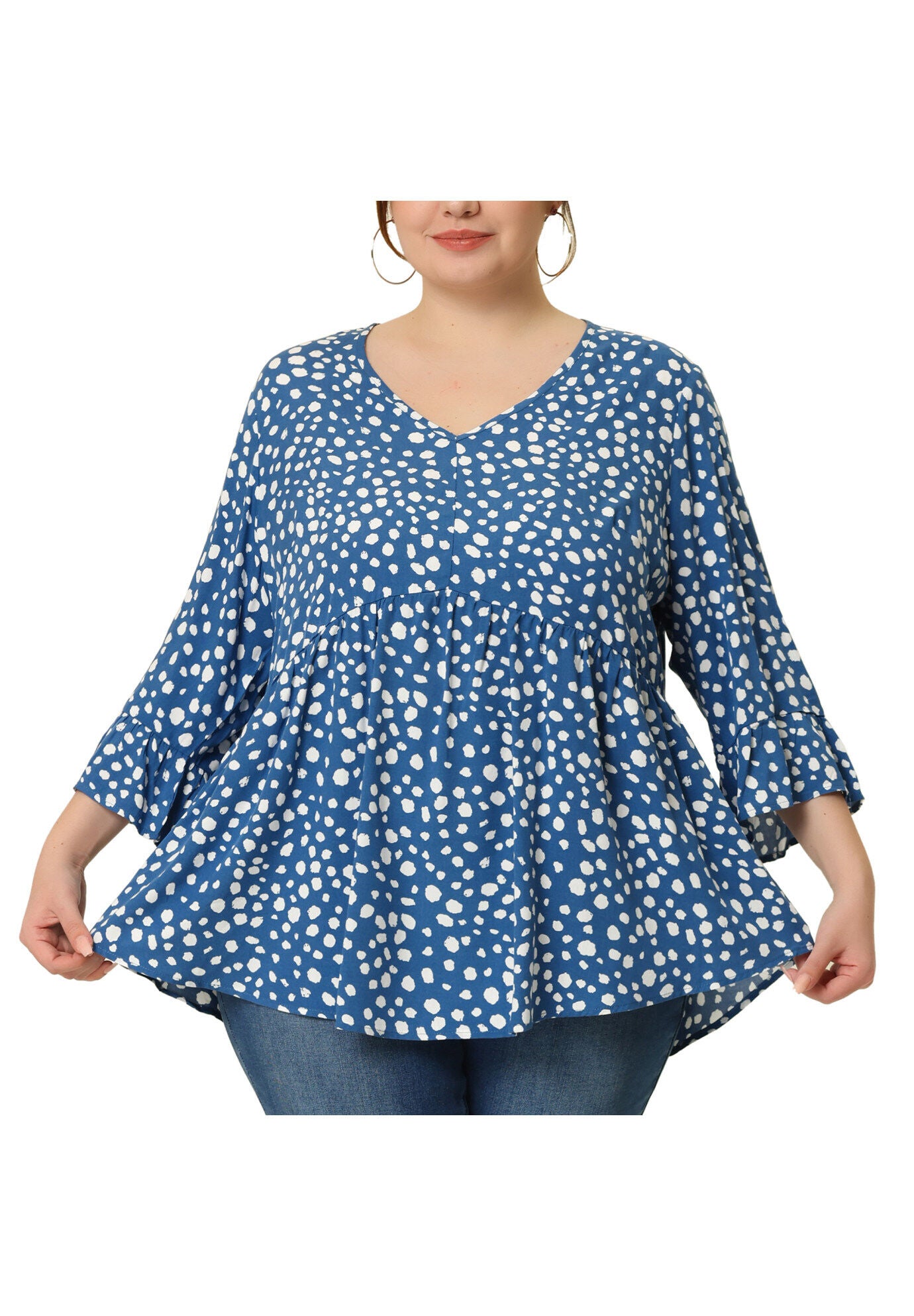Polka Dots Blouse 3/4 Ruffle Sleeve Peplum Top, Blue / Royal Blue, alternate image number 1