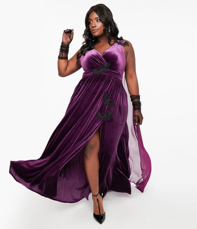 Eggplant & Black Bat Velvet Cape Gown, Eggplant / Purple, hi-res image number 0
