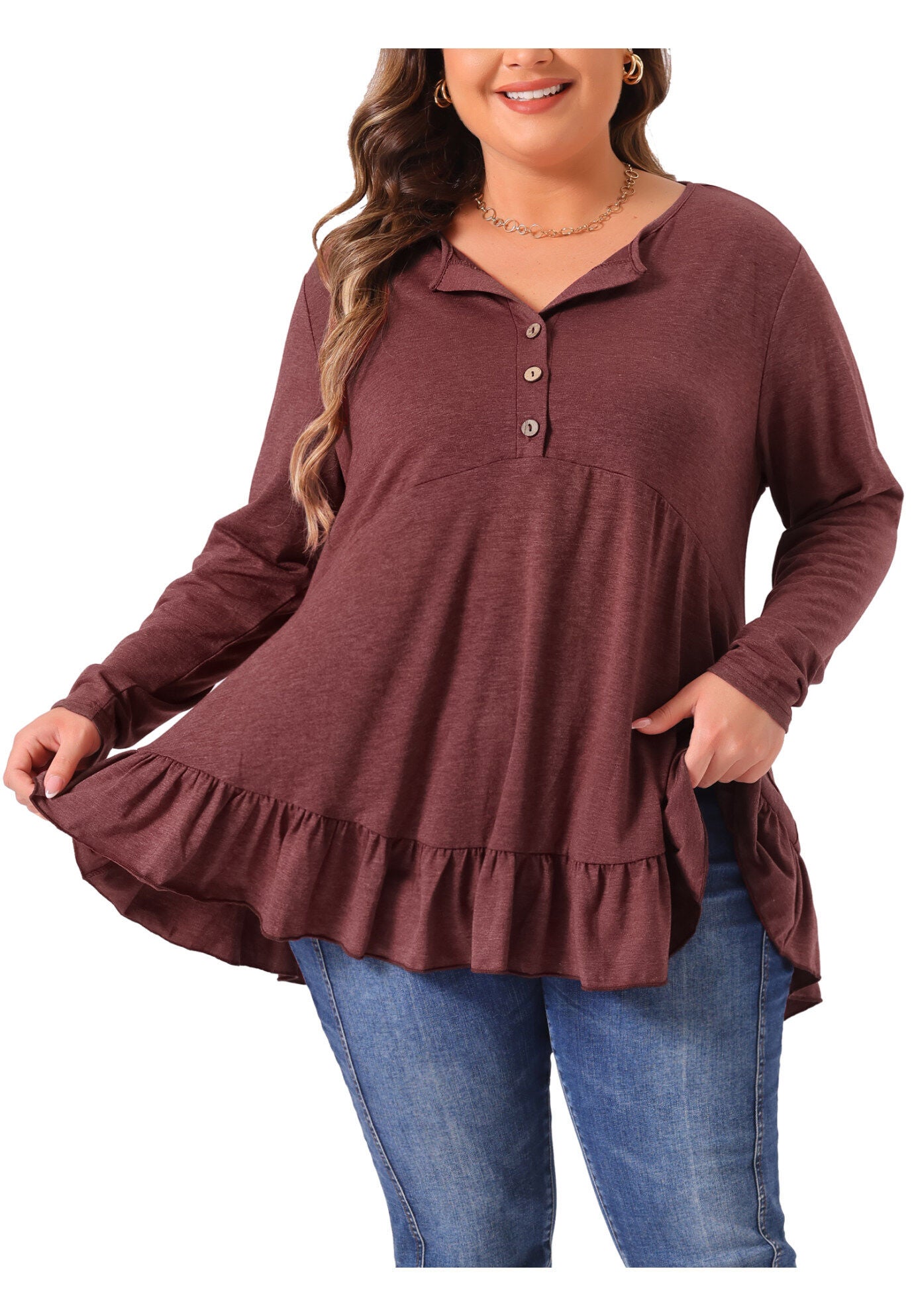 Henley V Neck Ruffled Hem Flowy Blouse Tunic, Burgundy / Red, alternate image number 2