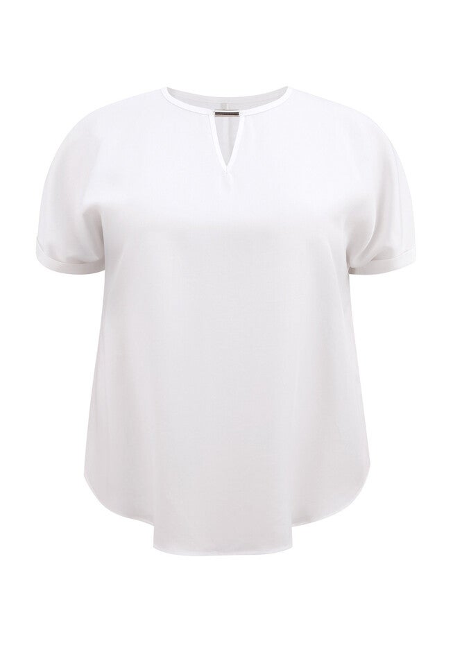 Keyhole Neck Metal Trim Blouses Folded Cuff Short Sleeve T-Shirt Top, White / White, alternate image number 3