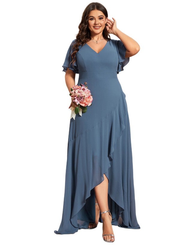 Charming Chiffon Bridesmaid Dress with Lotus Leaf Hemline, Dusty Navy / Dusty Blue, alternate image number 4