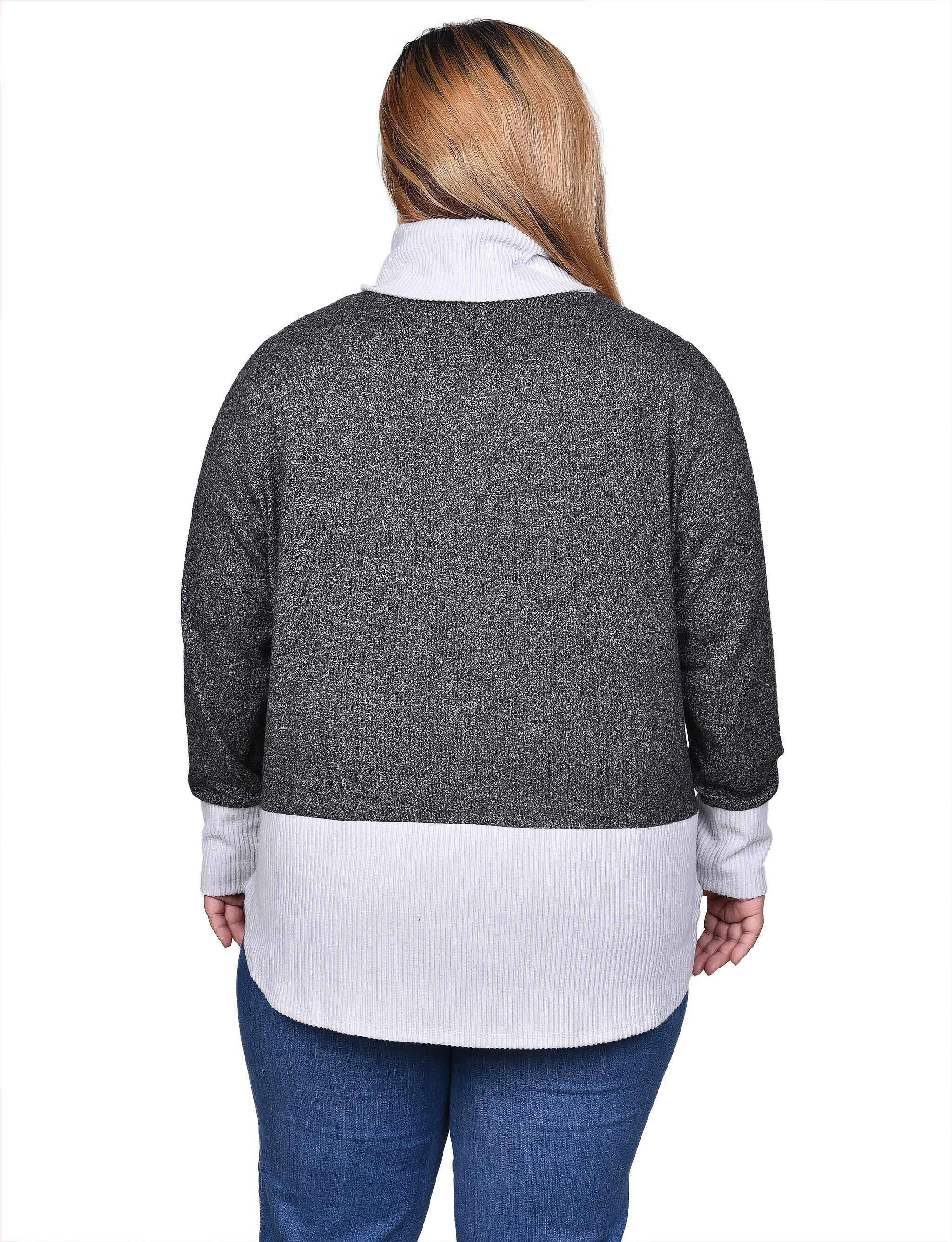 Long Sleeve Cowl Neck Colorblocked Top, Black Charcoal, alternate image number 1