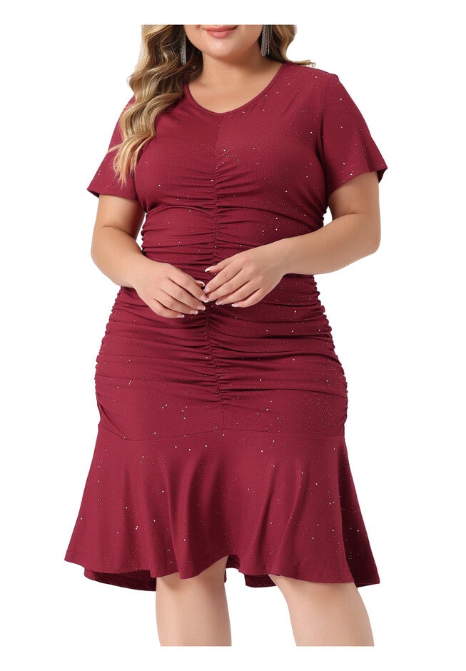 V Neck Short Sleeve Sequin Ruched Elegant Party Cocktail Dress, Burgundy / Burgundy, alternate image number null