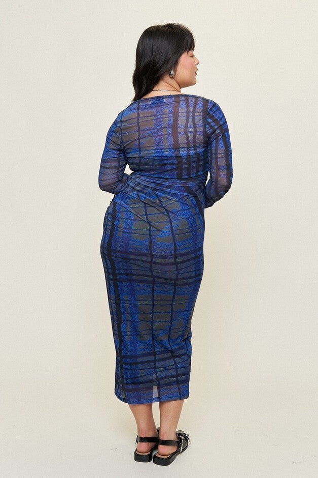 Charlie Ruched Mesh Tube Dress, Indigo Plaid / Royal Blue, alternate image number 3