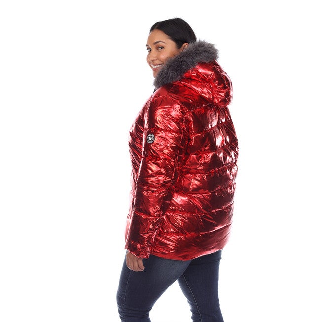 Metallic Puffer Coat with Hoodie, Red / Red, alternate image number 4