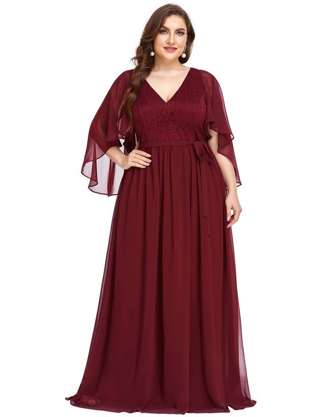 Deep V Neck Lace Bodice Long Flowy Evening Dress, Burgundy / Burgundy, hi-res image number null