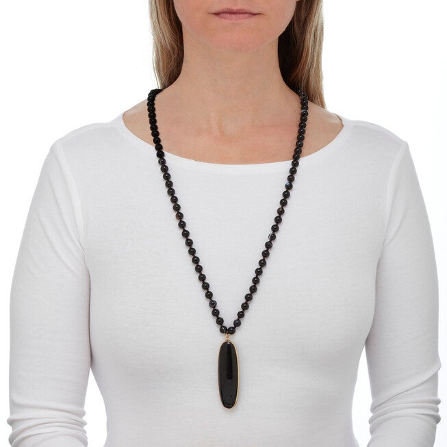 Genuine Black Agate Goldtone Bezel Set Oval Cabochon Beaded Necklace 34 Inch, Black / Black, alternate image number 2