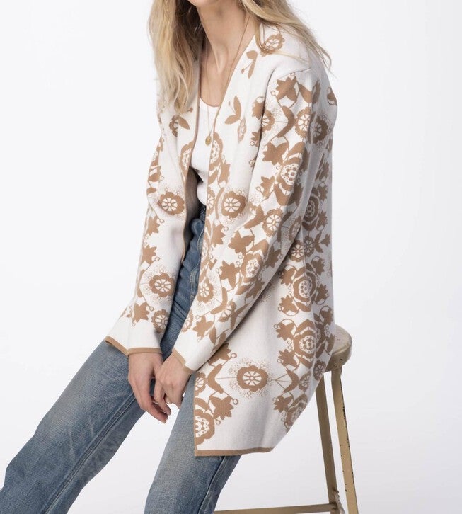 MAGNIFIQUE JACQUARD SHORT V NECK CARDIGAN IN BEIGE, Beige / White, hi-res image number 0
