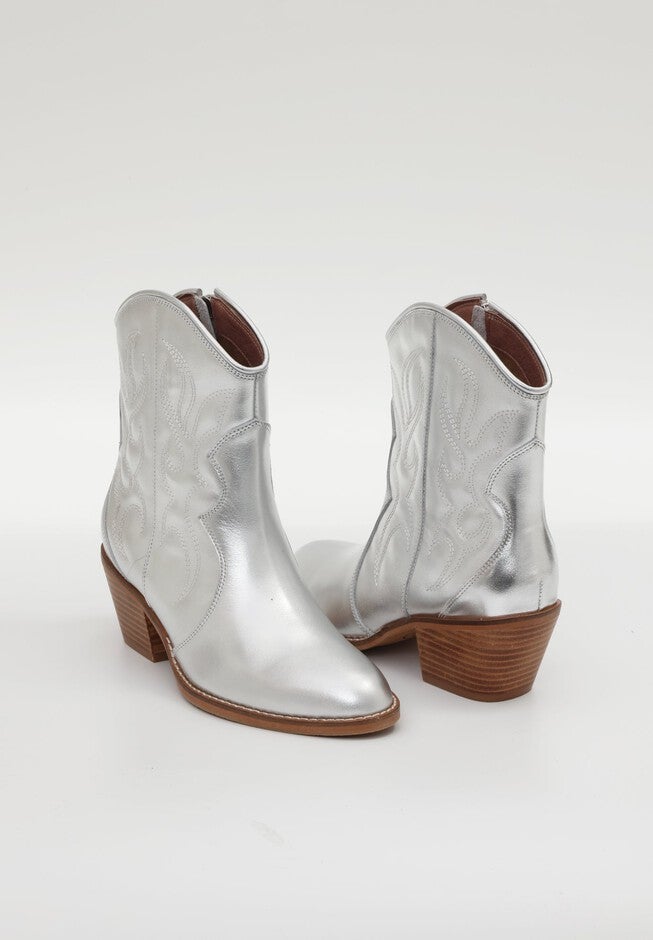 Jolene Embroidered Western Leather Ankle Boots, Metallic Silver / Silver, alternate image number 2