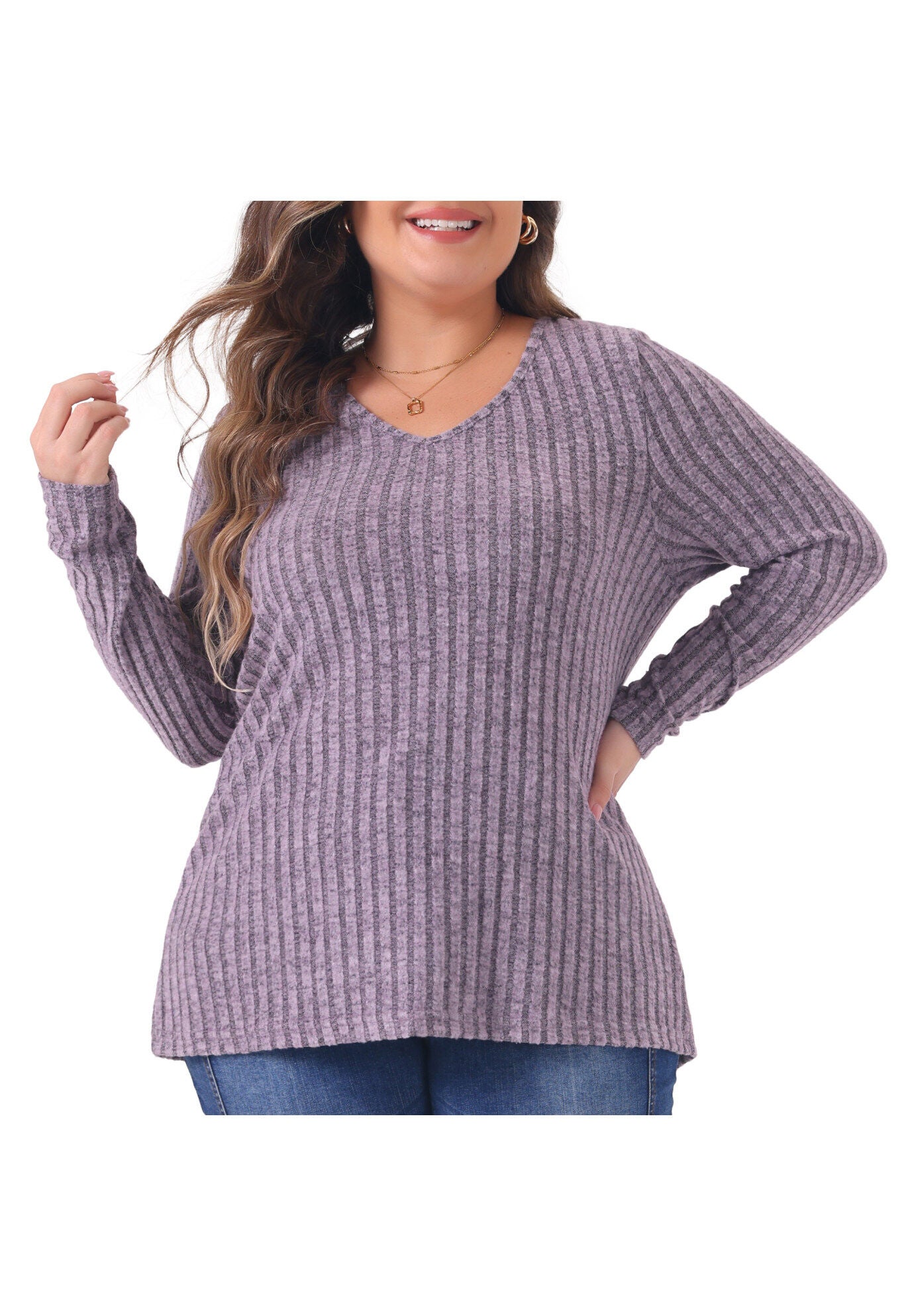 V Neck Long Sleeve Ribbed Brushed Tunic Blouse, Purple / Purple, alternate image number 3