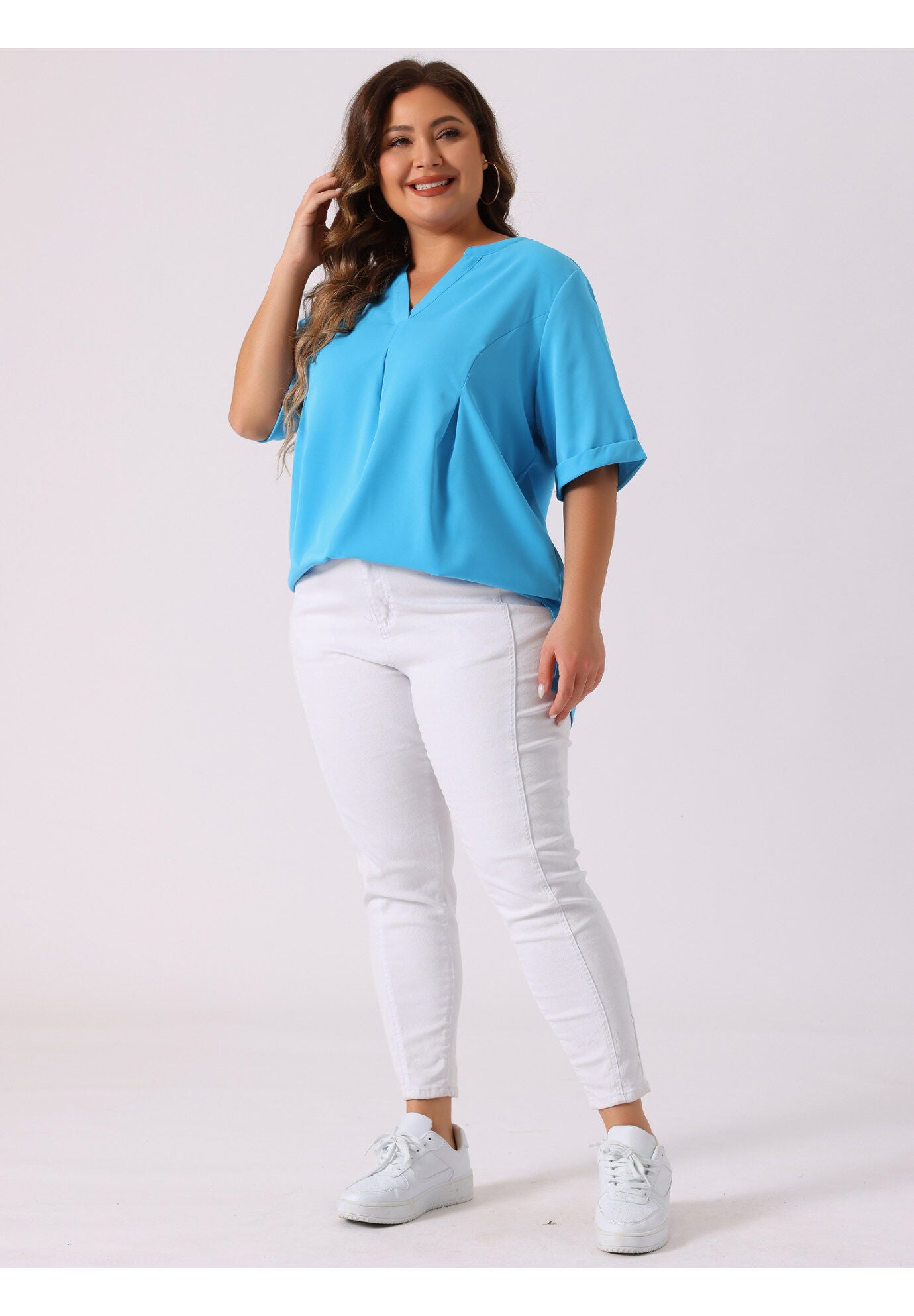 V Neck Casual Solid 1/2 Sleeve Tunic Blouse, Blue / Azure Blue, hi-res image number 0