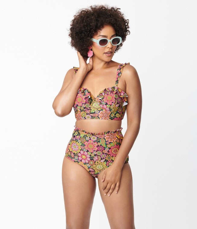 Unique Vintage Kaleidoscope Floral Cape May Swim Bottoms, Kaleidoscope Floral / Black, hi-res image number 0