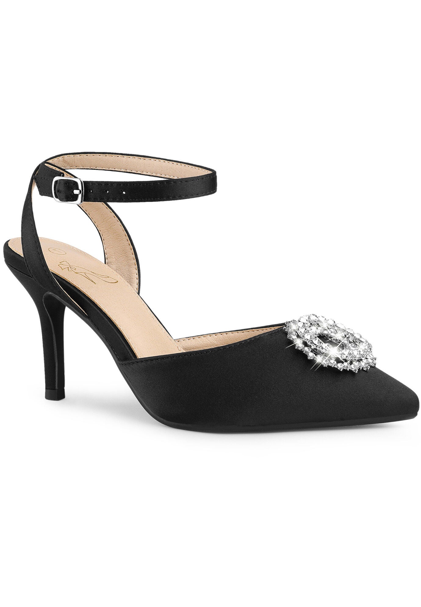 Rhinestones Ankle Strap Stiletto Heel Pumps, Black / Black, hi-res image number 0