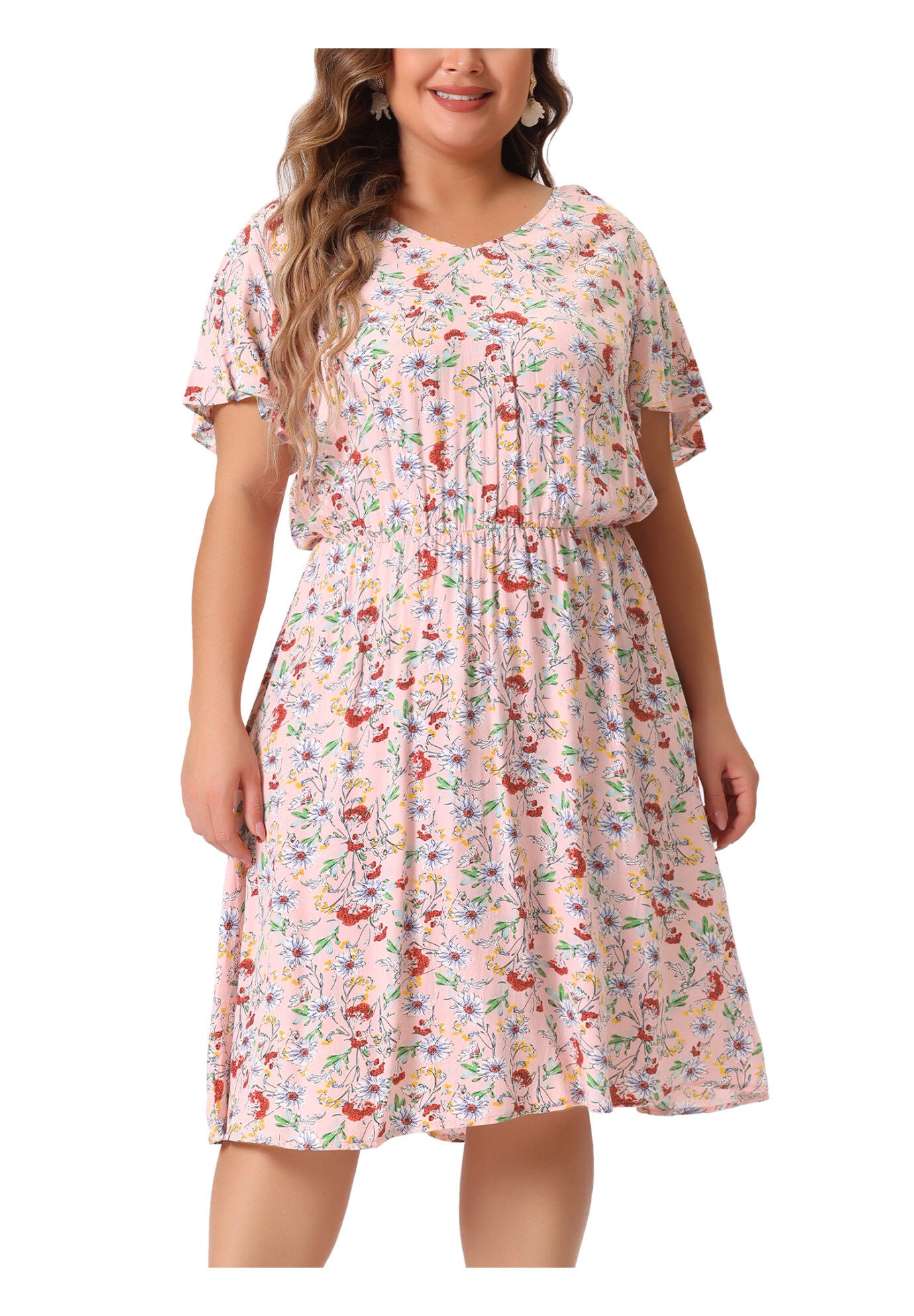 Summer V Neck Flare Sleeve Peplum Midi Ruffle Dress, Light Pink / Pink, alternate image number 1