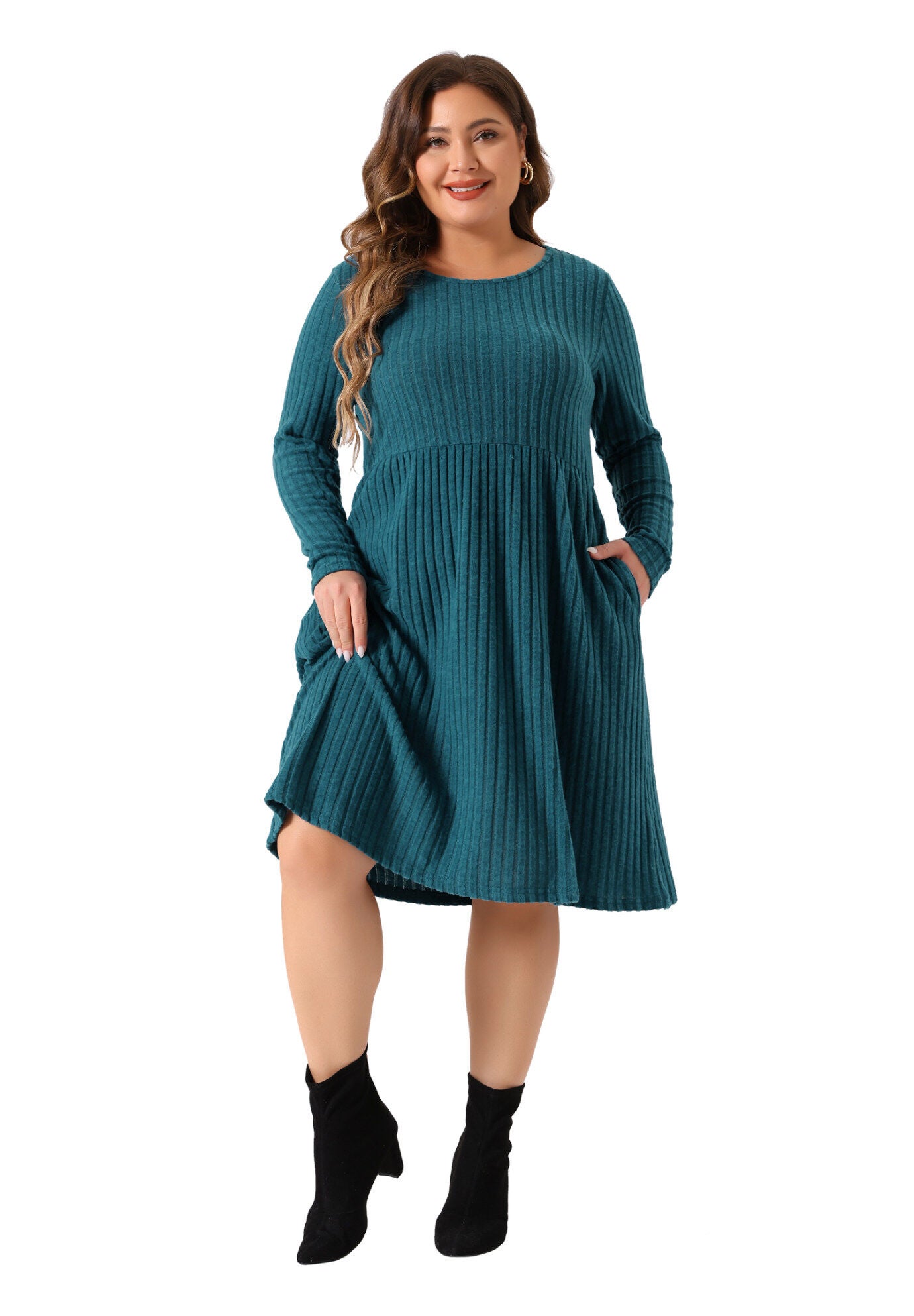 Round Neck Long Sleeve Elegant Ribbed Midi Knit Sweater Dress, Peacock Blue / Cornflower Blue, hi-res image number 0