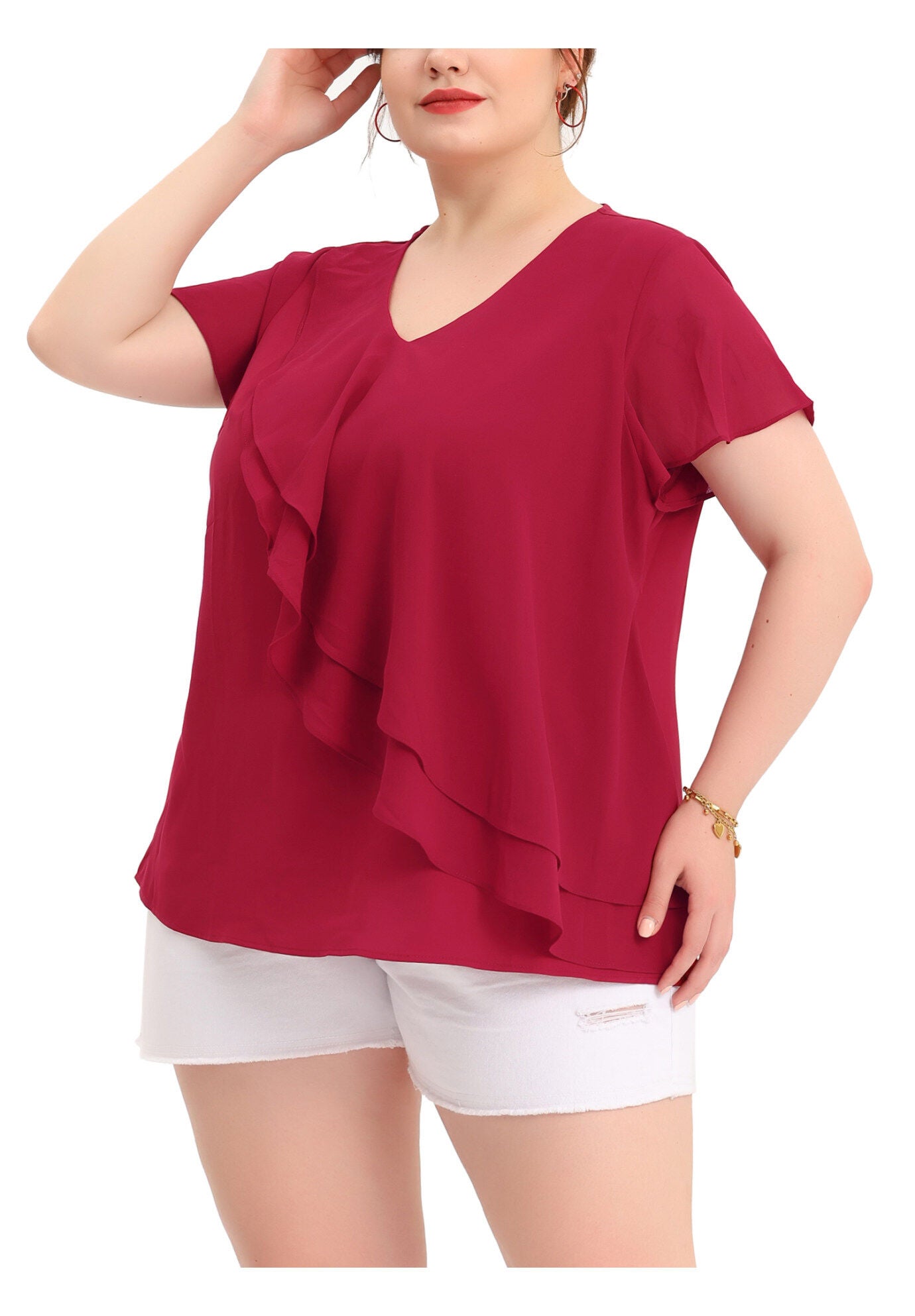 Flutter Sleeves Blouse V Neck Layer Chiffon Ruffle Top, Burgundy / Burgundy, alternate image number 2