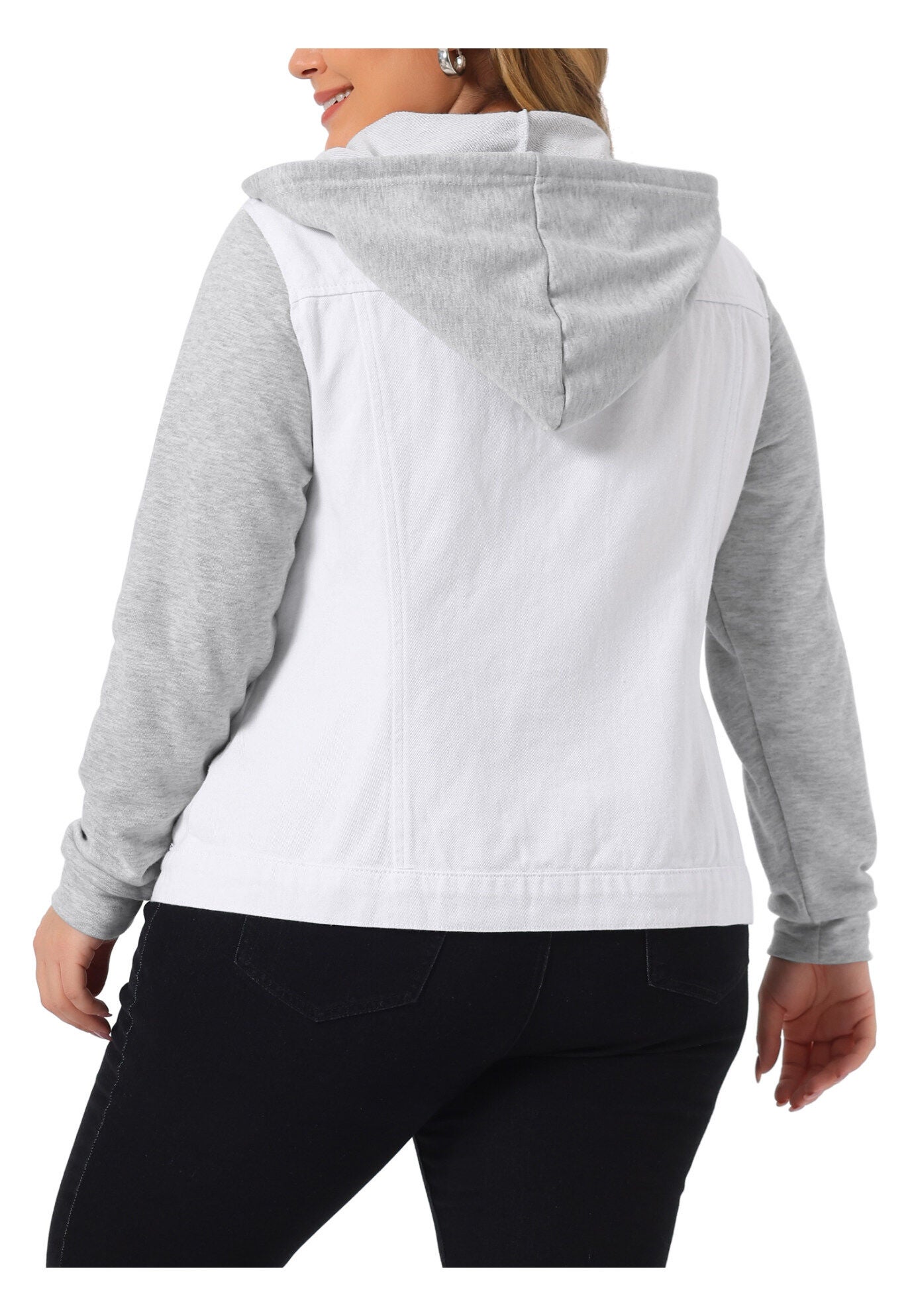 LAYERED DRAWSTRING HOODIE DENIM JEAN JACKET, White / White, alternate image number 3