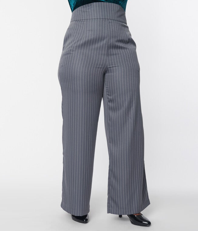Unique Vintage Grey Pinstripe High Waist Pants, Grey Pinstripe / Cool Gray, alternate image number null