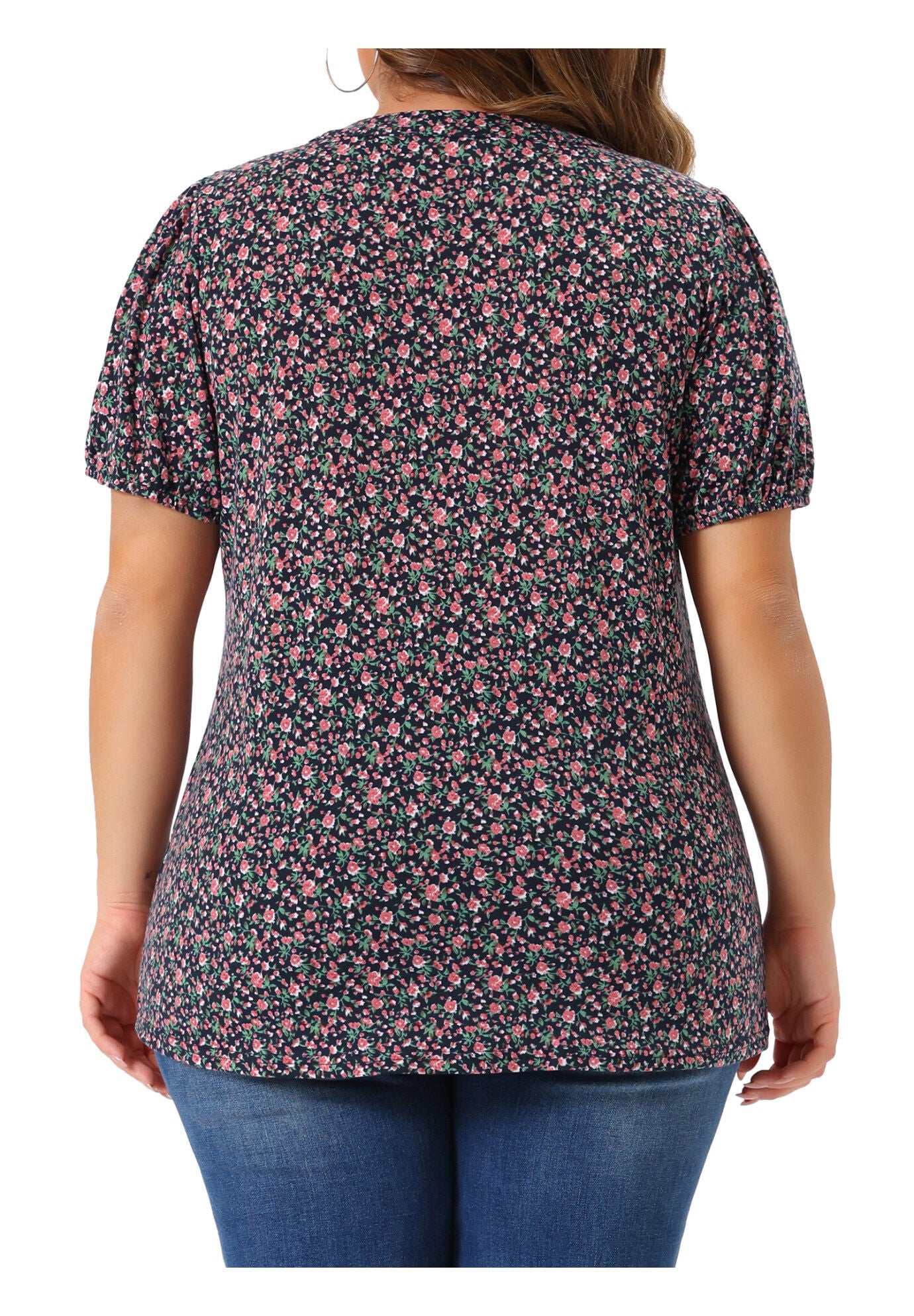 Short Sleeve Pleated T-Shirts Notched V Neck Blouse Floral Top, Navy Blue / Navy, alternate image number 3