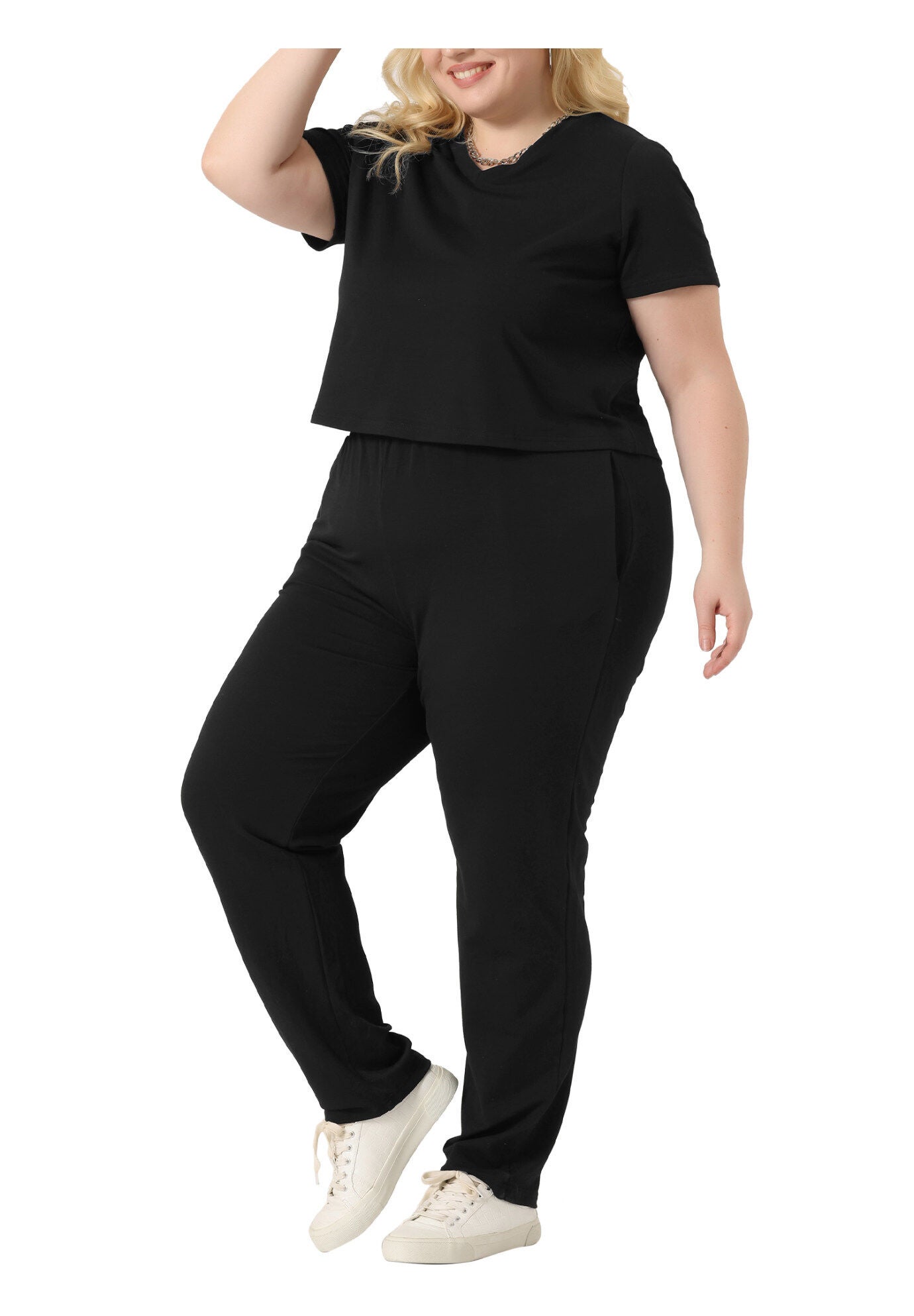 2 Piece Sports Outfit Short Sleeve Sweatshirt with Sweatpants, Black / Black, alternate image number 4