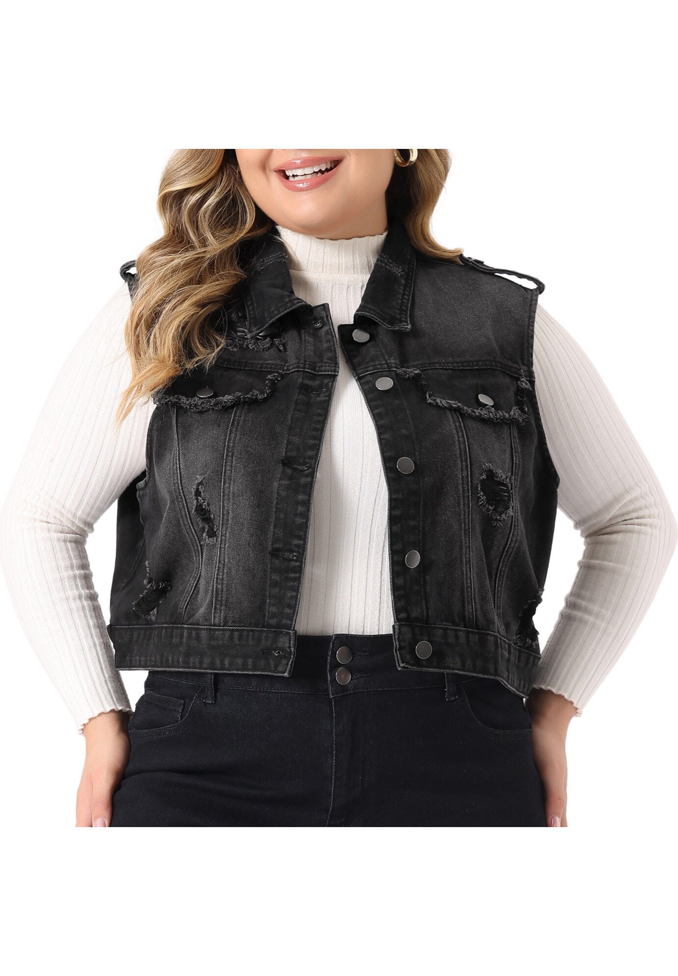 SLEEVELESS BUTTON JEAN CROP DENIM VEST, Black / Black, alternate image number 2