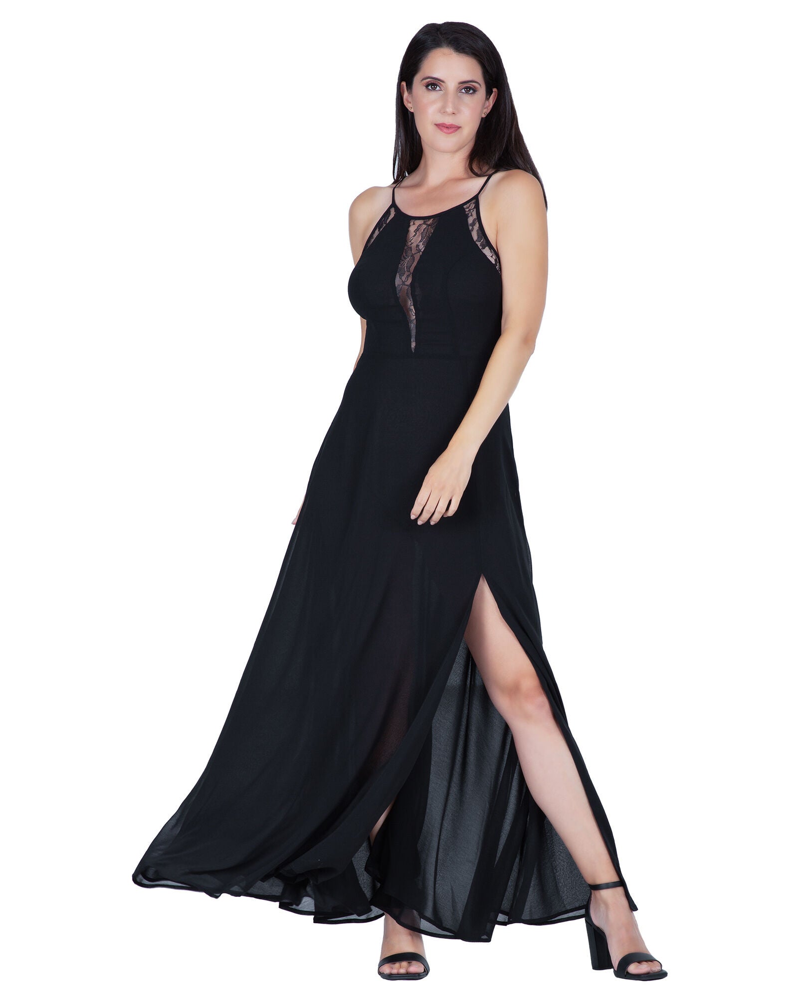 Women&#39;s Lace Detailed Sleeveless Maxi Dress, Black / Black, alternate image number 3