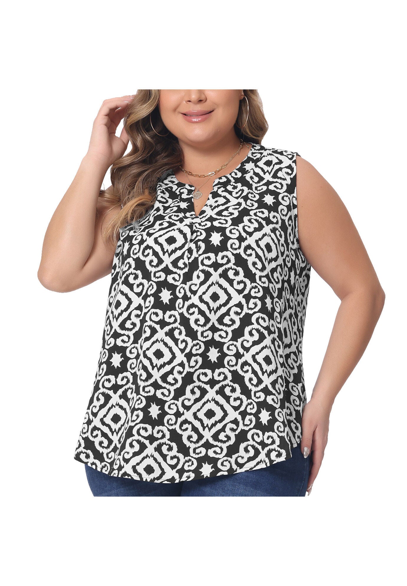 Sleeveless Floral Print V Neck Tunic Tank Top, Black / Black, alternate image number 1