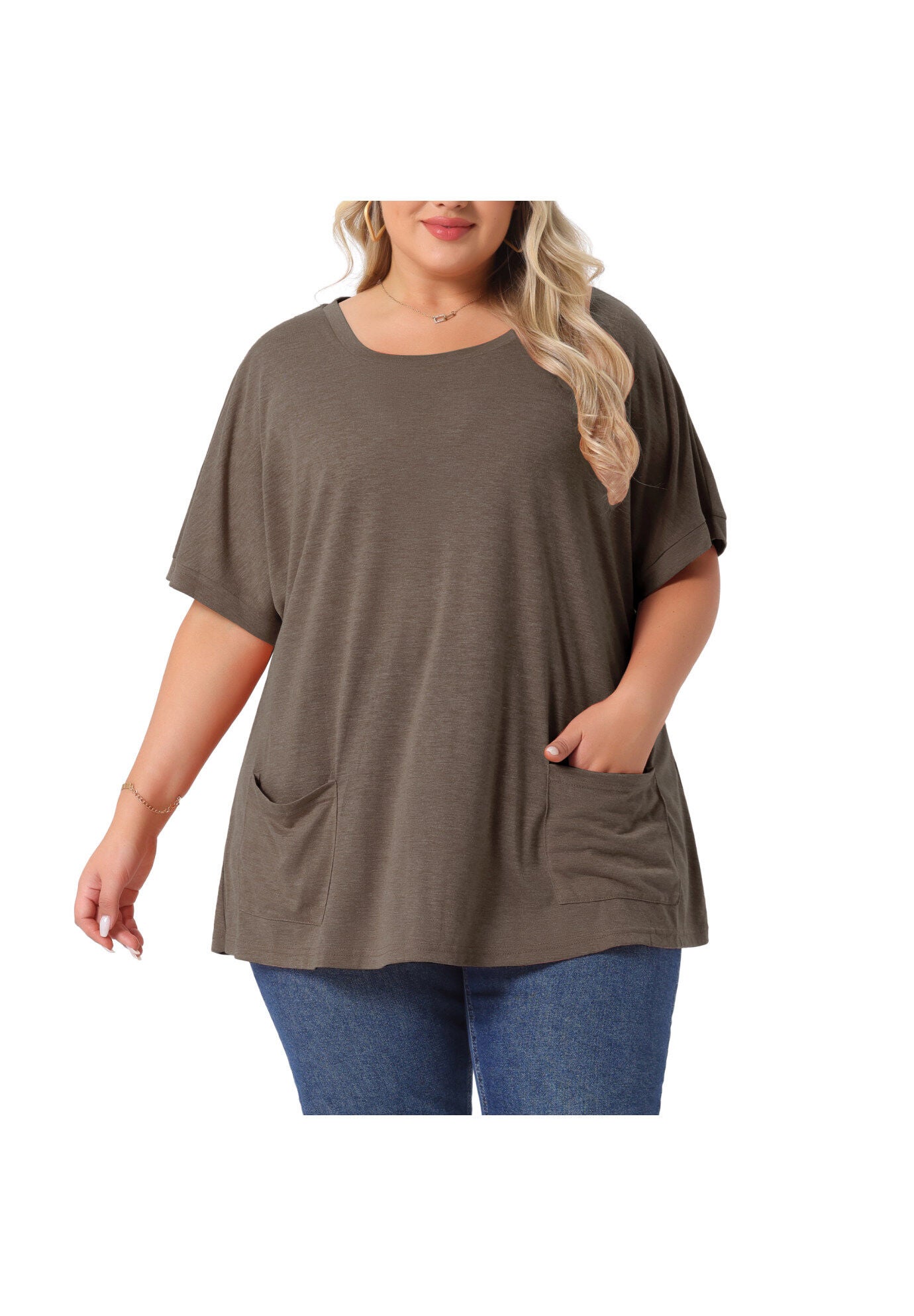 Short Sleeve Top Loose Fit Summer T-Shirt with Pocket, Coffee / Brown, alternate image number 2