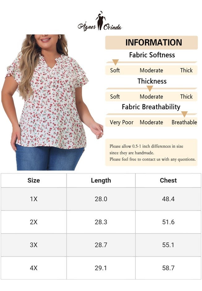Floral Ruffle Trim V Neck Layered Sleeve Blouse, Pink White / White, alternate image number 4