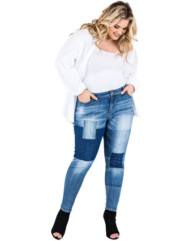 Plus Size Isabel Patchwork Indigo Stretch Jeans, Blue / Medium Wash, hi-res image number 0