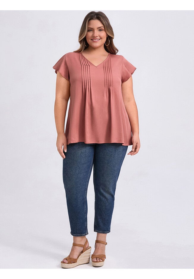V Neck Topstitched Tucks Ruffle Short Sleeve Blouse, Coral Red / Coral, alternate image number 1