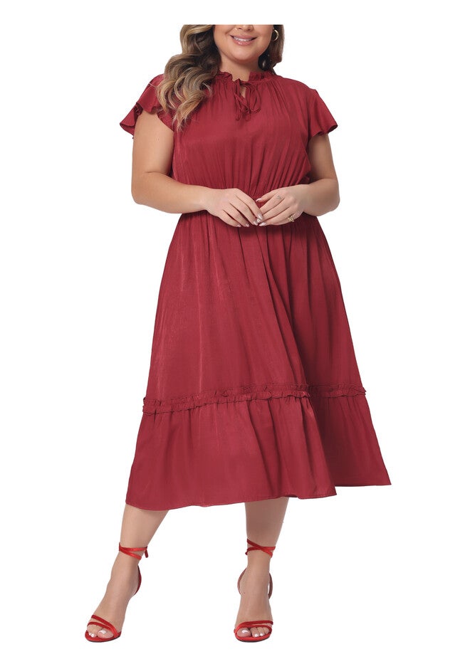 Summer Bow Tie Neck Ruffle Cap Sleeve A Line Midi Dress, Red / Red, alternate image number null