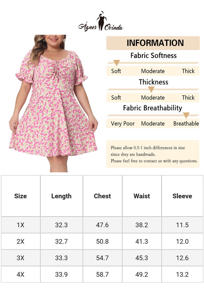 Sweetheart Neck Puff Short Sleeve Tie Swing A Line Midi Floral Dress, Hot Pink / Pink, alternate image number 4
