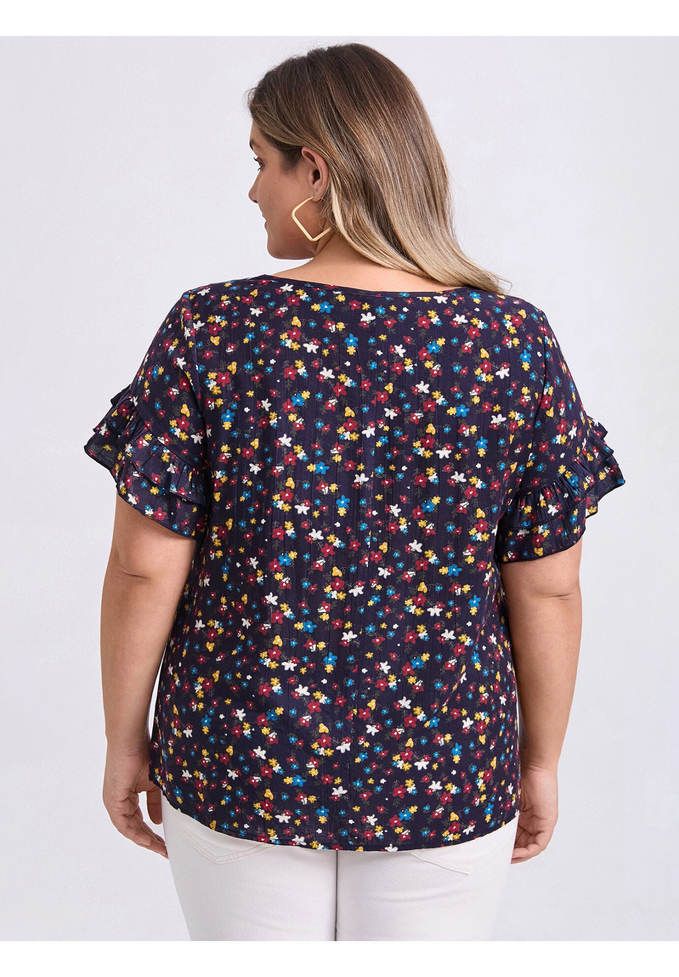 Floral Print Blouse Crew Neck Double Layer Ruffles Short Sleeve Top, Dark Blue / Navy, alternate image number 2