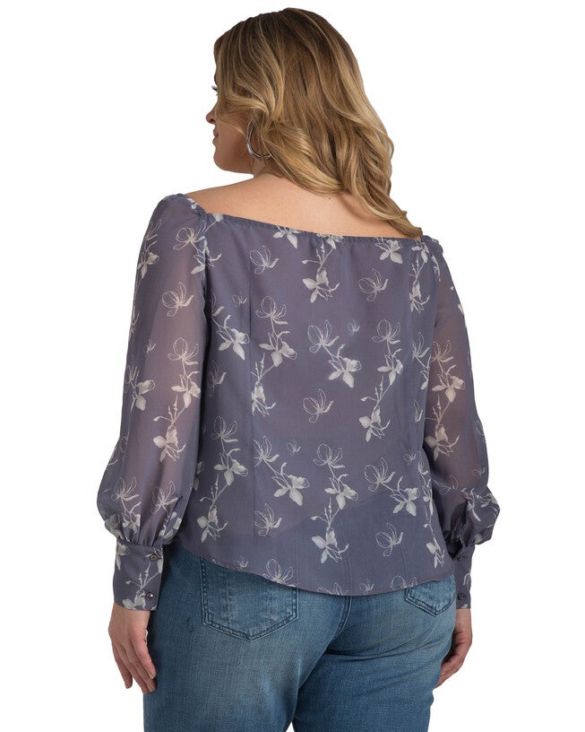 Plus Size Floral Print Long Sleeve Button Down Off-The-Shoulder Blouse, DARKPURPLE / Purple, alternate image number 4