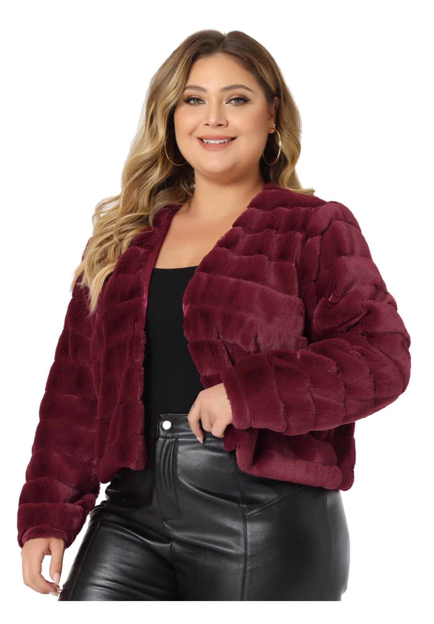 OPEN FRONT CROPPED FAUX FUR WINTER FLUFFY JACKET, Burgundy / Red, alternate image number 2