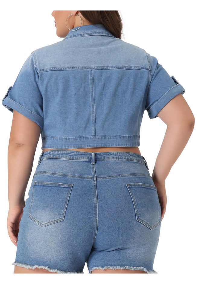 SHORT SLEEVE WASHED CROPPED DENIM JACKET, Light Blue / Light Blue, alternate image number null