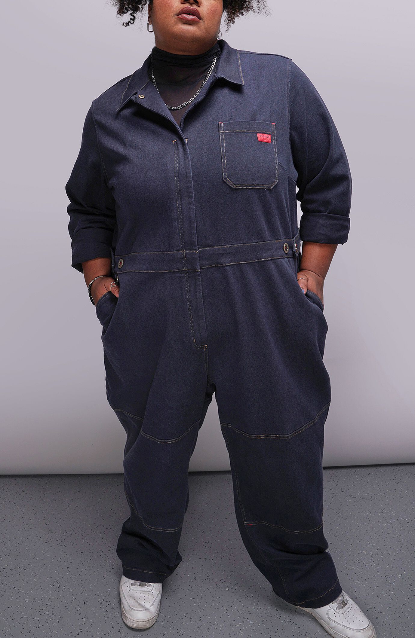 The Essential Denim Long Sleeve High Waisted Coverall, NAVY / Medium Wash, hi-res image number 0