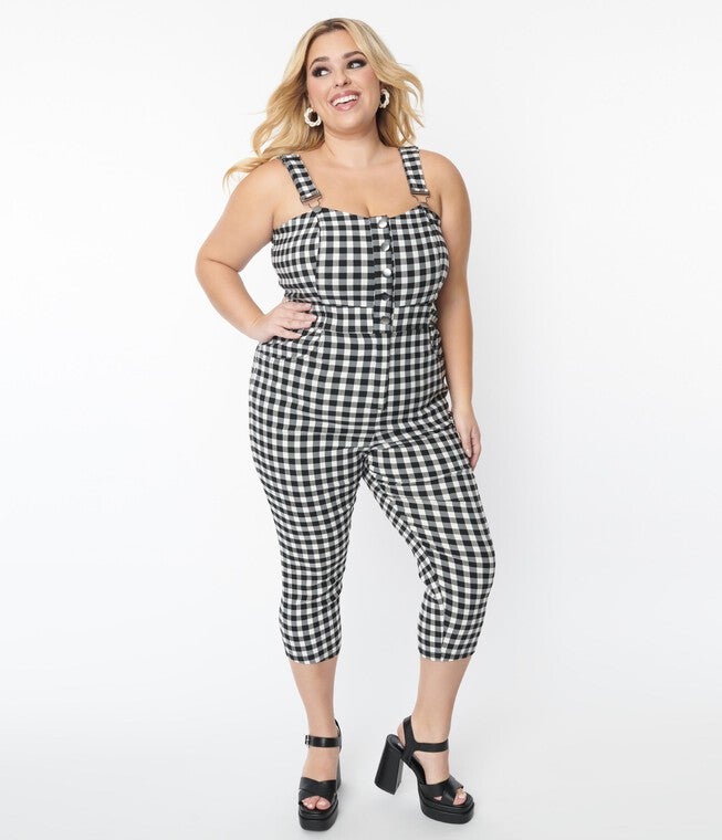 Unique Vintage Black & White Gingham Eartha Jumpsuit, Black White Gingham / Black, hi-res image number 0