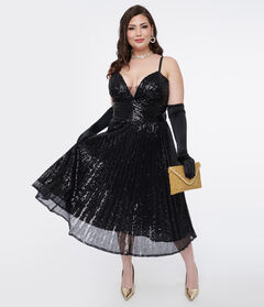 Unique Vintage 1950s Black Pleated Sequin Swing Dress