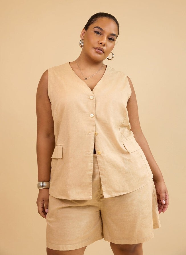 SIOBHAN LINEN BUTTON VEST - BEIGE, Beige / Beige, hi-res image number null