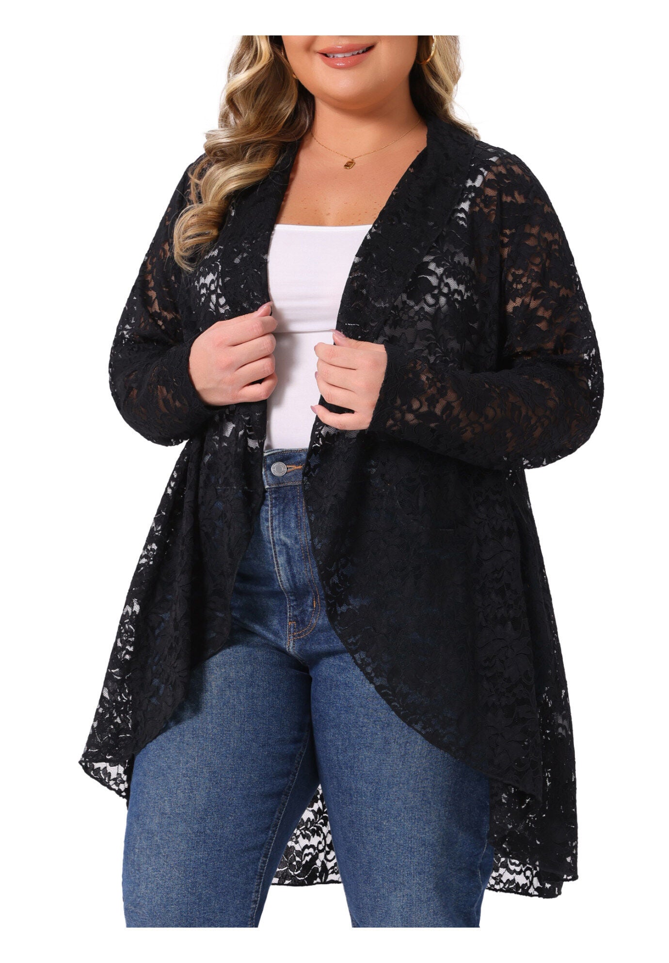 Long Sleeve Sheer Crochet Lace Cover Up, Black / Black, alternate image number 1